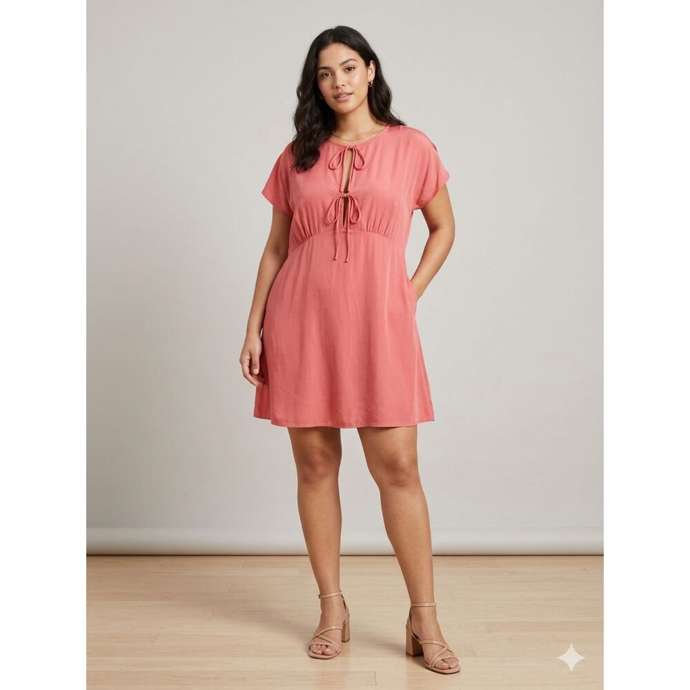 Universal Thread Women's Tie Front Flutter Mini Dress in Coral Pink, Large NWT